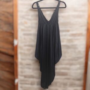 Nighttime Creations Black Satin and Lace Fishtail Tie Waist Sleeveless Robe S